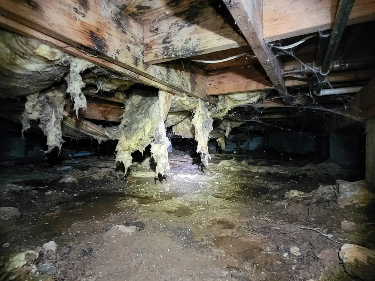 Damp dirt-floor crawl space with water-stained joists, mold growth, and sagging insulation