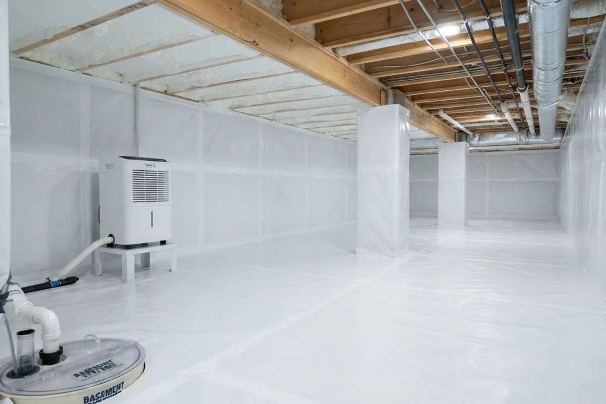 Professionally encapsulated crawl space with a sealed white vapor barrier, dehumidifier, and sump pump