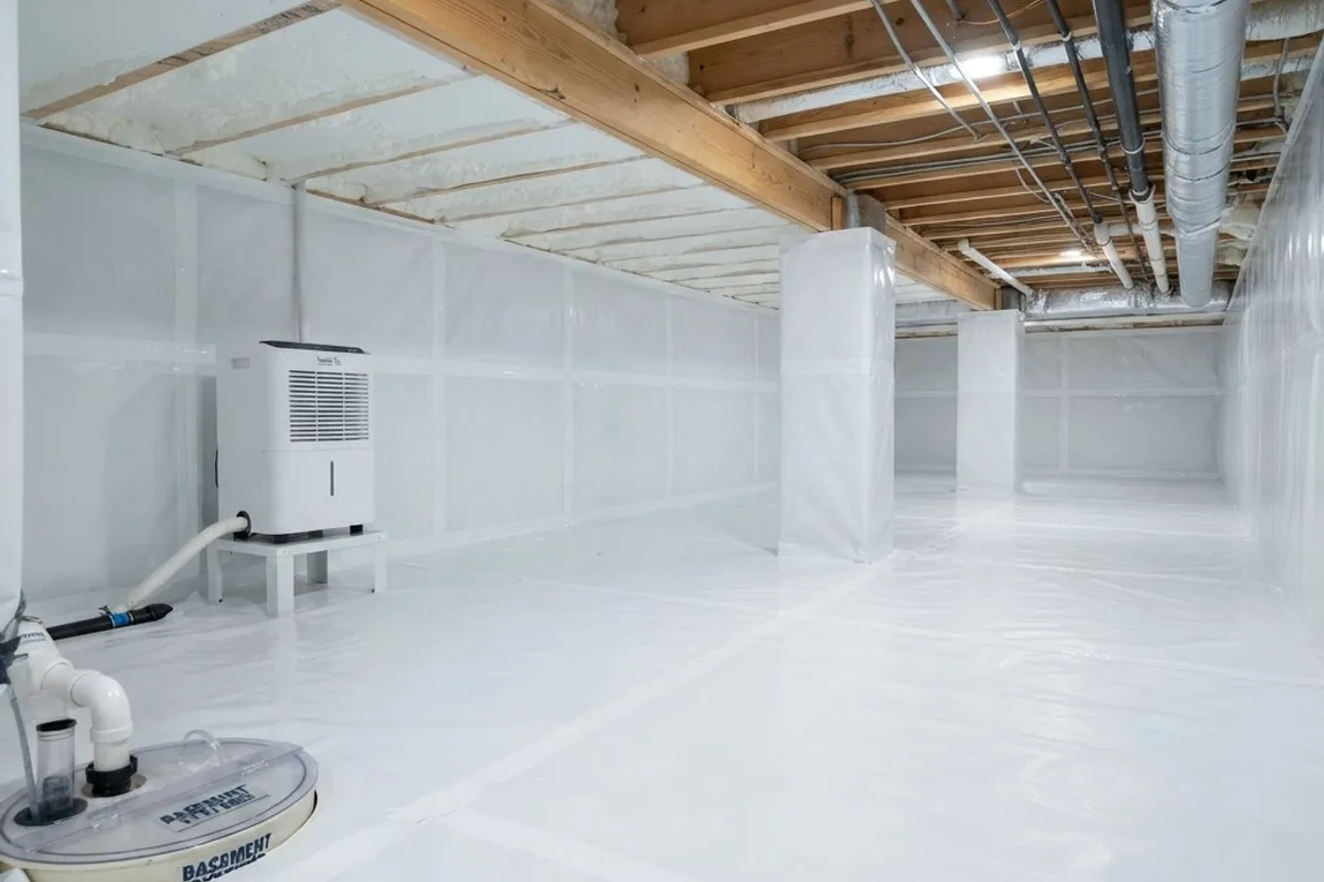 Professionally encapsulated crawl space with a sealed white vapor barrier, dehumidifier, and sump pump